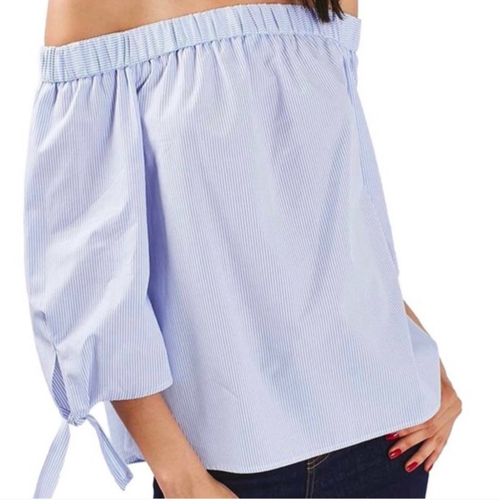 TopShop Off The Shoulder Navy & White Stripe Top